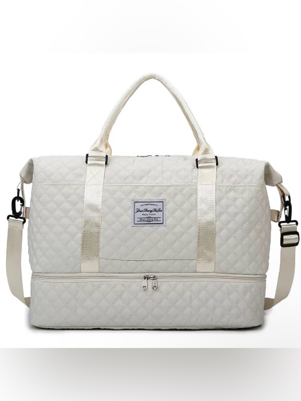 Cream Quilted Travel Duffel Bag with Bottom Compartment
